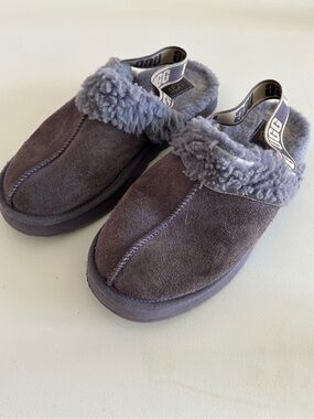 UGG Kids Charcoal Suede Shearling-Trim Slip-On Clog
